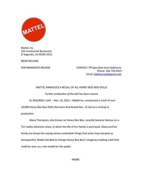 Mattel press release